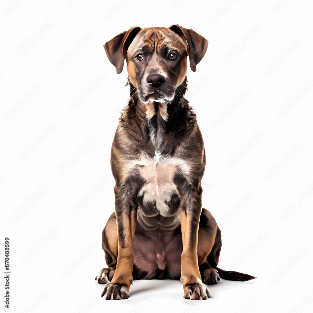 Treeing tennessee brindle dog breed standing against white background, AI Generated Treeing tennessee brindle dog breed standing against white background, AI Generated