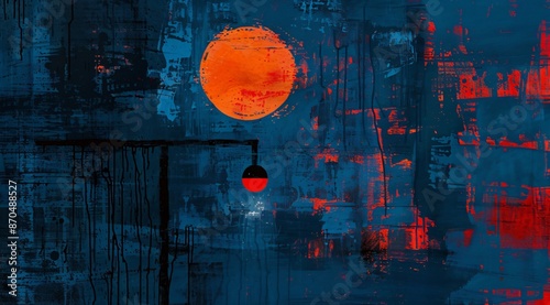 Captivating abstract painting with vibrant red, orange, and dark blue palette, capturing shining sun over deep blue ocean, modern and contemporary feel, textured background adds depth and dimension