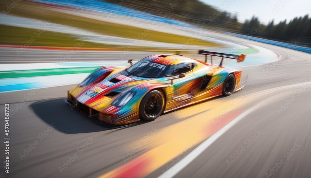 Graphic, colorful and very dynamic drawing of a racing car on the race track Graphic, colorful and very dynamic drawing of a racing car on the race track