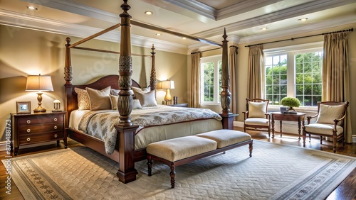Luxurious master bedroom with elegant four poster bed and plush carpeting , luxury, master bedroom © Sujid