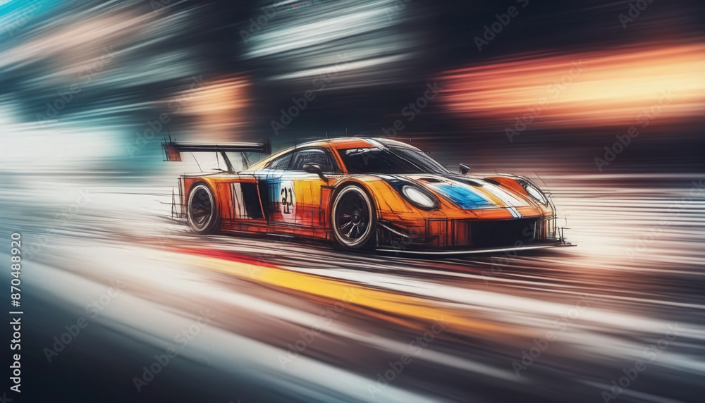 Graphic, colorful and very dynamic drawing of a racing car on the race track Graphic, colorful and very dynamic drawing of a racing car on the race track