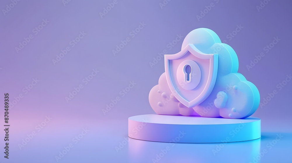 Obraz premium 3D illustration of a cloud with a shield and keyhole, symbolizing data security and cloud protection in a pastel background.