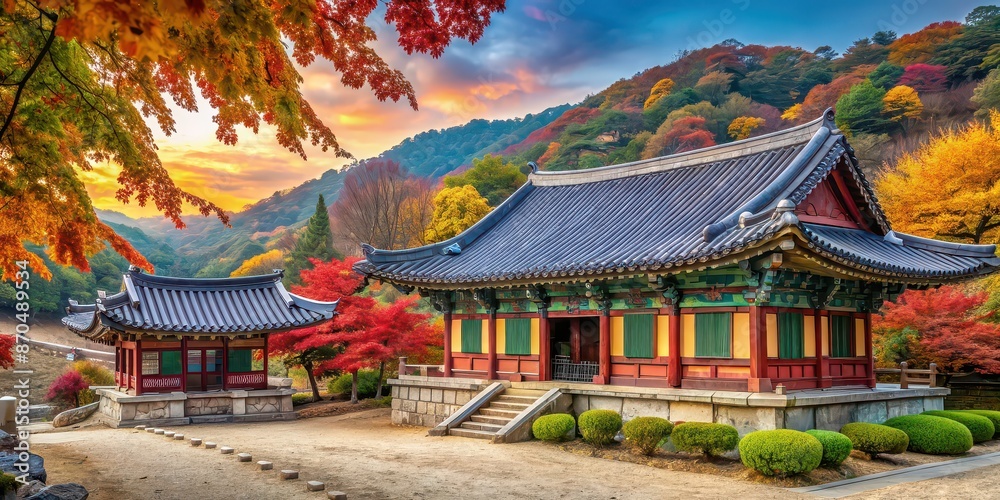 Fototapeta premium Peaceful Korean temple surrounded by vibrant autumn foliage , Korean temple, autumn, fall, foliage, peaceful