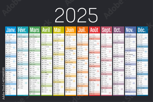 Year 2025 colorful wall calendar on black background, French language, France vector template