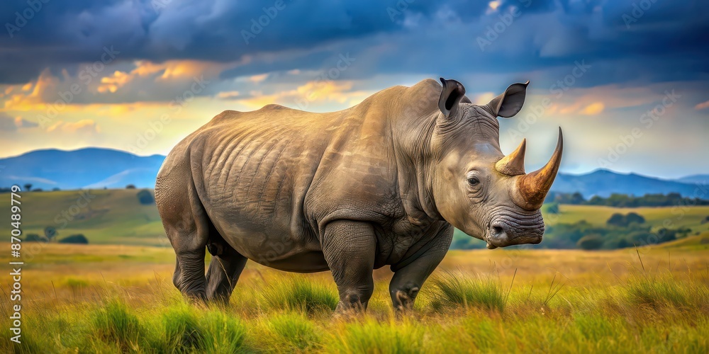 Obraz premium Majestic of a rhinoceros in its natural habitat, rhinoceros, wildlife, art, majestic,animal, nature, horn, wild
