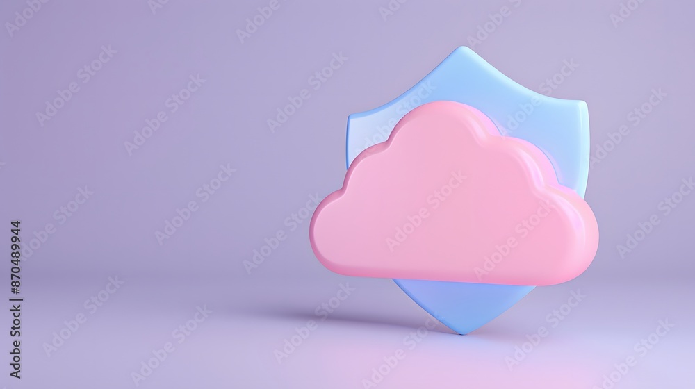 3D illustration of a pink cloud with a blue shield on a purple background, representing cloud security and protection. 3D illustration of a pink cloud with a blue shield on a purple background, representing cloud security and protection.
