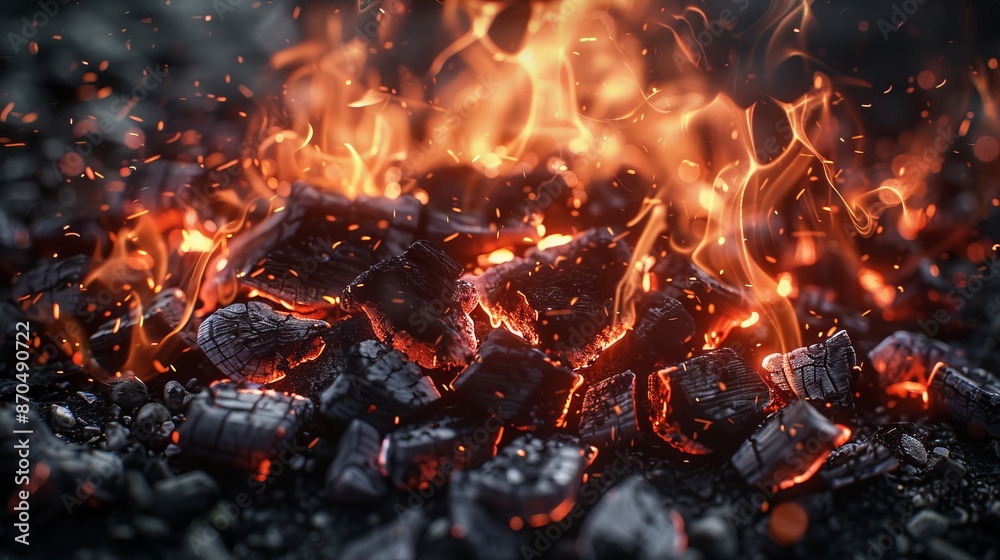 Burning embers and flames, close-up view. Warmth and heat concept Burning embers and flames, close-up view. Warmth and heat concept