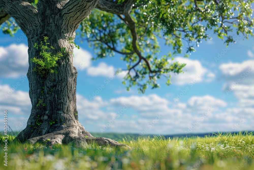 Fototapeta premium Large oak tree in grassy field