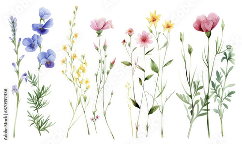 Wild flowers set, watercolor digital illustration. Perfectly for poster, card design. Mother's Day, Birthday, Valentine's day decoration