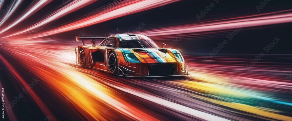 Graphic, colorful and very dynamic drawing of a racing car on the race track Graphic, colorful and very dynamic drawing of a racing car on the race track