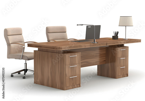 Wooden executive desk chair elegant curved shape black isolated white background PNG Luxury office Concept © ammad