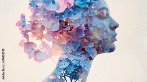 beautiful woman floral background, double exposure image of a person with blue and pink hydrangea flowers, dreamy, beauty fashion style