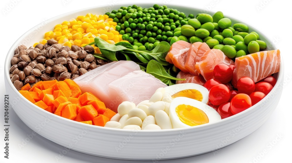 Colorful and healthy balanced food plate with a variety of vegetables, proteins, and eggs, ideal for a nutritious meal. Colorful and healthy balanced food plate with a variety of vegetables, proteins, and eggs, ideal for a nutritious meal.