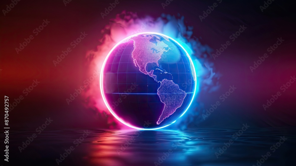 Digital futuristic neon glowing earth globe with vibrant colors representing technology, global connection, and innovation over dark background. Digital futuristic neon glowing earth globe with vibrant colors representing technology, global connection, and innovation over dark background.