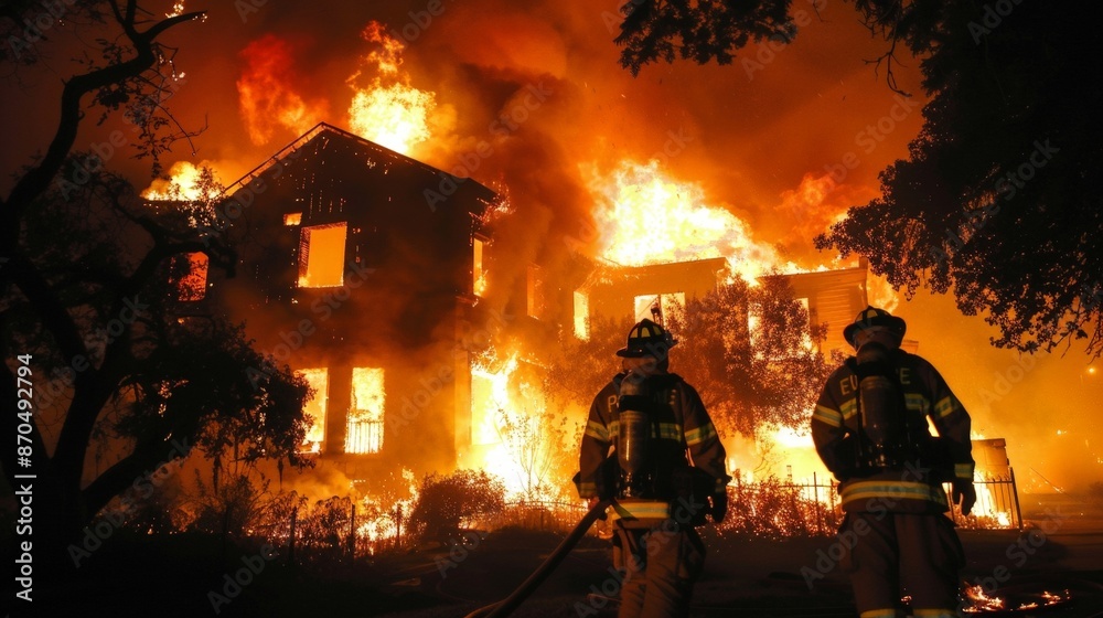 Fototapeta premium Firefighters battle the blaze, their courage and determination shining as brightly as the flames they face.