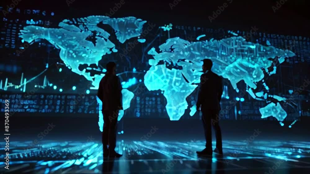 The video is of two people standing in front of a large screen with a map of the world on it. The people are looking at the screen. The video is of two people standing in front of a large screen with a map of the world on it. The people are looking at the screen.