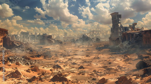 Post-Apocalyptic Desert Wasteland with Ruined Structures, dystopian fantasy, gaming wallpaper