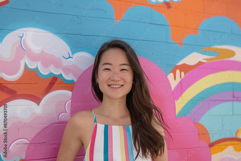 Fototapeta premium Asian woman with long dark hair, wearing a white dress with rainbow stripes, standing in front of a colorful mural featuring pink clouds and blue sky