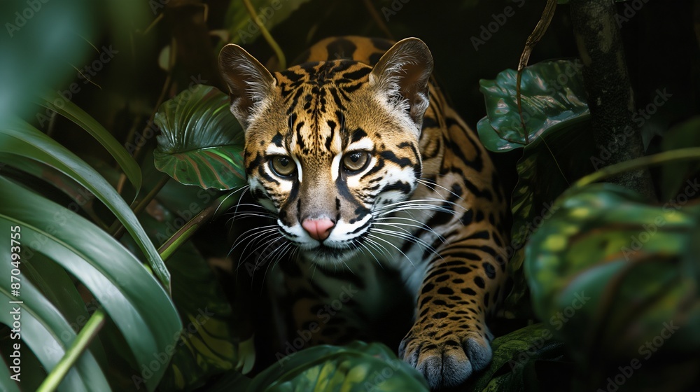 Obraz premium A powerful, and hungry jaguar or panter in the middle of the jungle sneaks up on its prey like a good hunter. Wildlife in the wilderness, animal survival in nature, wild cat eating in the forest