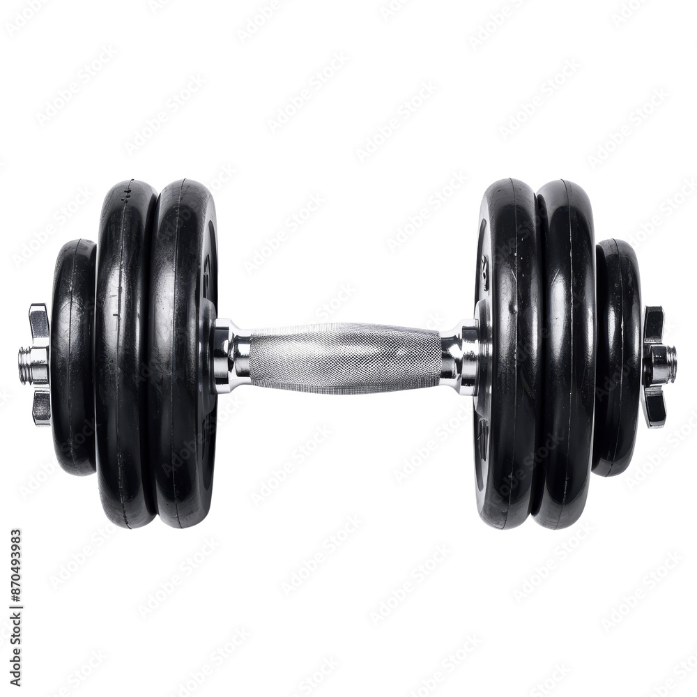 Naklejka premium Close-up of a black adjustable dumbbell perfect for weight training, strength building, and fitness workouts in gym or home settings.