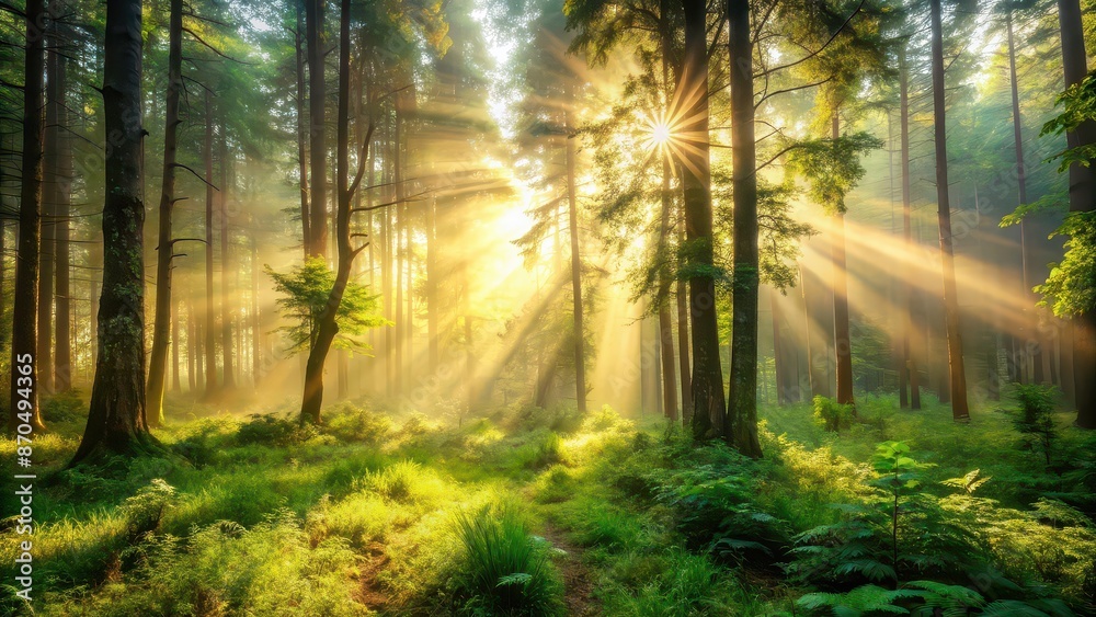 Fototapeta premium Sunlit forest with glowing mist and lush greenery, sunlight, forest, glowing mist, nature, trees, foliage, tranquil