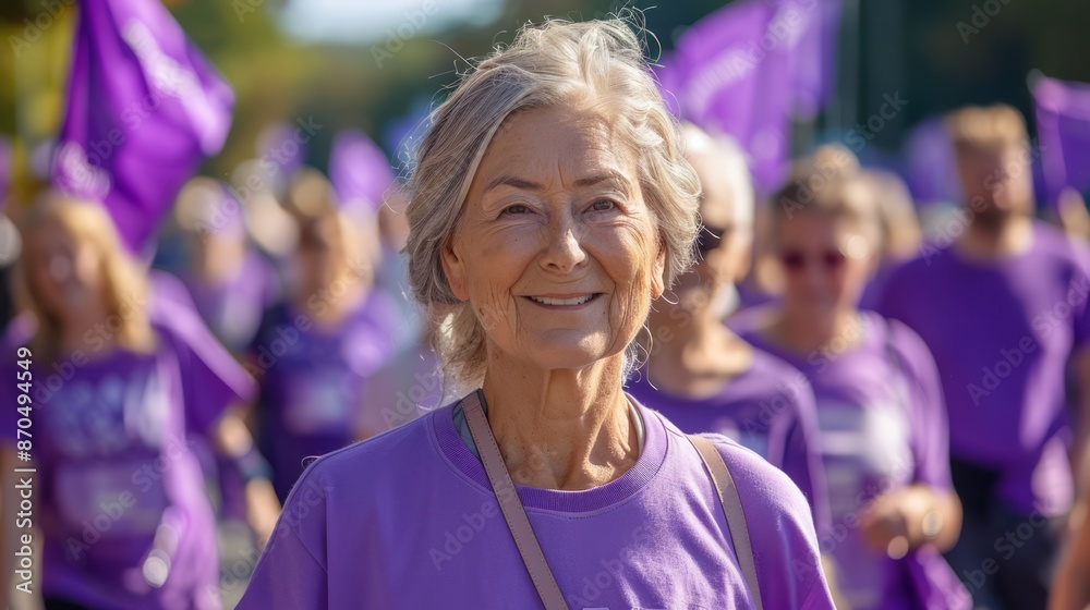 A charity walk with participants of all ages wearing purple T-shirts and holding banners raising funds for Alzheimer's research.