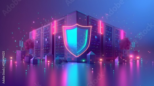 A glowing shield icon protects a futuristic data server, emphasizing cybersecurity and digital protection.