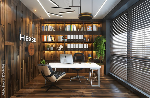 Modern office sleek desk chair professional atmosphere white floor tiles wooden bookshelves Office Concept