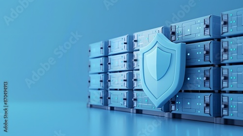 A row of secure server racks in a data center protected by a large shield icon, illustrating data security and protection. photo