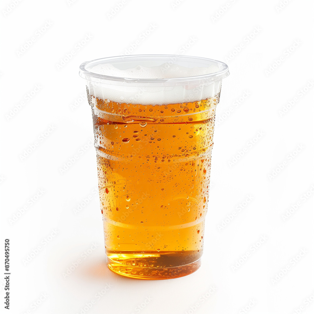 a single transparent plastic cup filled with beer, isolated on white background, side view a single transparent plastic cup filled with beer, isolated on white background, side view