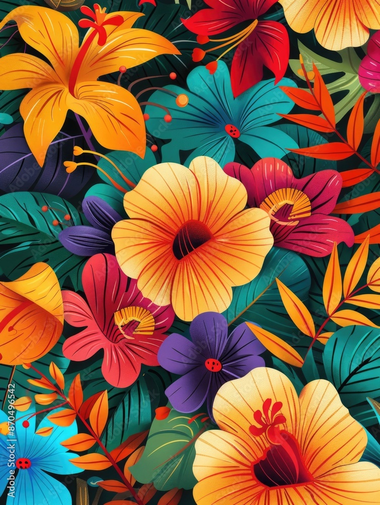 Colorful Flowers on Green Background
