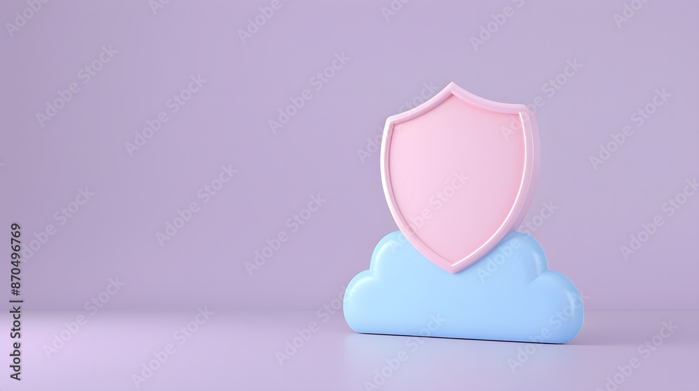Obraz premium Colorful shield and cloud icon on a pastel background symbolizing digital security and cloud protection in a minimalist 3D rendering.