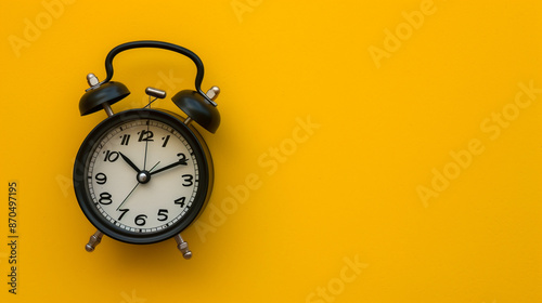 Black Retro Alarm Clock on Yellow Background, Top View Flat Lay, Minimalist Time Concept, Retro Alarm Clock with Copy Space, Time to Work, Black Alarm Clock on Vibrant Yellow Background