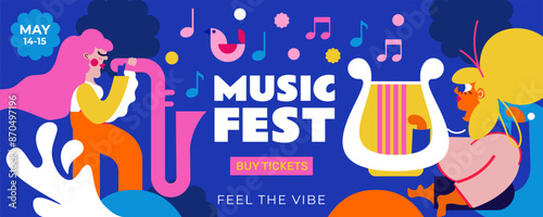 Banner Music Festival. Evening atmosphere, musical instruments, people playing and enjoying music.  Suitable for cultural events, jazz, outdoor festivals and much more
