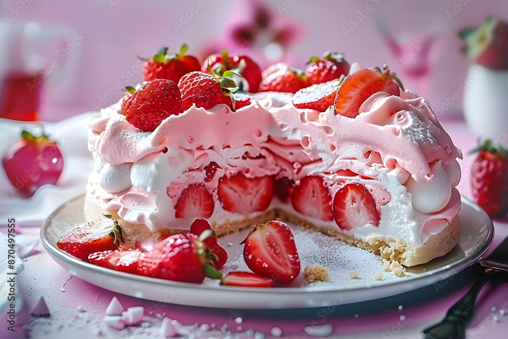 Strawberry yogurt topped meringue cake shown in a sliced form