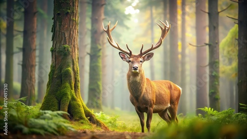 A majestic deer standing in the lush forest , deer, wildlife, nature, forest, wilderness, animals, mammal, antlers