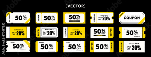 Special set of coupons template with coupon code, percentage off. Yellow Voucher icon set, isolated on dark background. Coupon code set. Vector illustration. Vector illustration