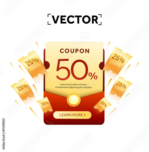 3d big yellow coupon wrapped with red envelope, mini coupons, CTA button, isolated on background. Coupon code with percentage off. Discount voucher giveaway banner template. 3d Vector illustration
