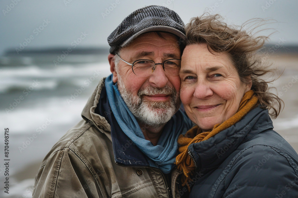 AI generated photo of a happy couple walking seaside cloudy weather storm