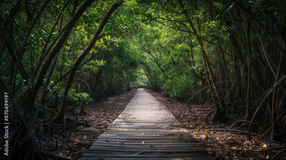 Obraz premium A path through a forest with trees on either side