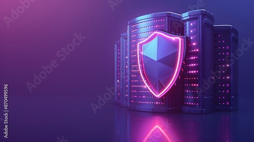 Futuristic data security concept with a glowing neon shield in front of server racks. Representation of cybersecurity and information protection.