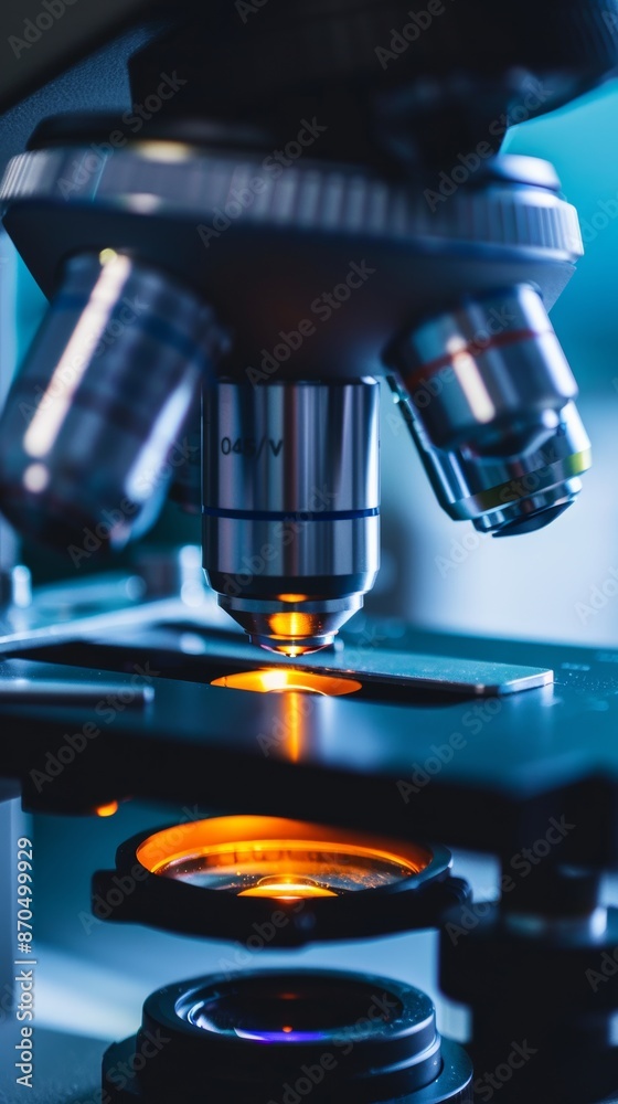 Close-up of microscope in laboratory with orange illumination, scientific research concept Close-up of microscope in laboratory with orange illumination, scientific research concept