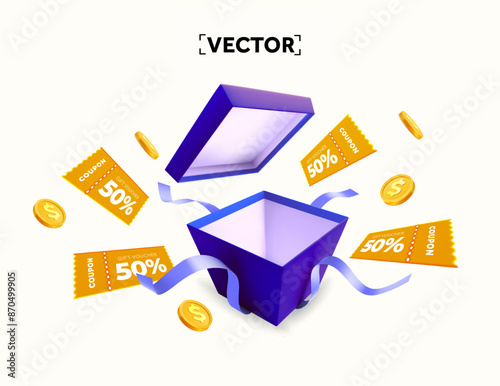 3d coupons flying out from opened gift box with golden coins and ribbon, isolated on white background. Suprised gift box with discount vouchers and cashback banner template. Vector illustration