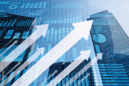 Successful growth companies. Booming economy and good business performance. Many arrows on background of many graphs and tall buildings.