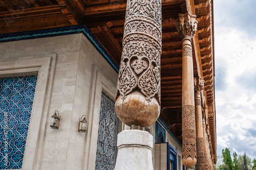 carved wooden colonnade with oriental pattern Uzbek ornament in the Museum of Victims of Political Repression in Tashkent photo