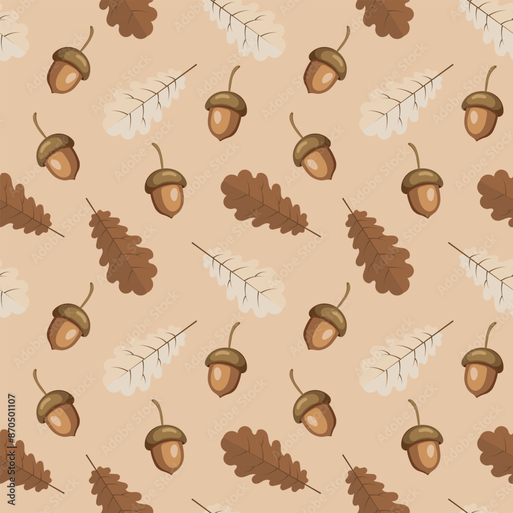 Obraz premium Seamless pattern, autumn oak leaves and acorns on a beige background. Pastel colors. Print, background, textile, vector