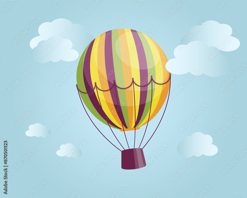 Fototapeta premium Illustration, colorful striped hot air balloon on the background of a landscape with clouds. Print, poster, vector
