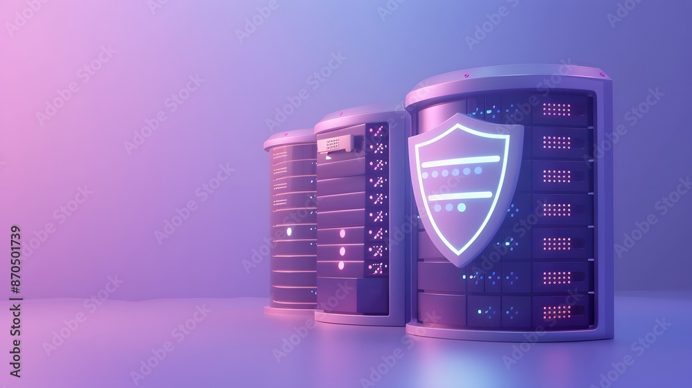 Obraz premium Futuristic server units with a bright shield icon, representing cybersecurity and data protection, in a purple and blue ambient light.