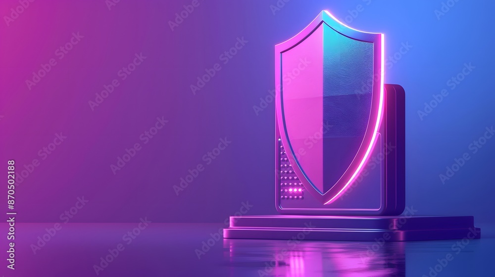 Futuristic shield with neon lights symbolizing cyber security and protection on a reflective surface, in a modern and sleek environment. Futuristic shield with neon lights symbolizing cyber security and protection on a reflective surface, in a modern and sleek environment.