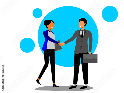 illustration of Two people, a woman and a man full body image, shaking hands to show respect and partnership. agreement, and agreement. flat vector.